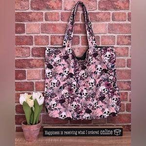 Handmade- Skulls on Pink Floral LARGE Tote